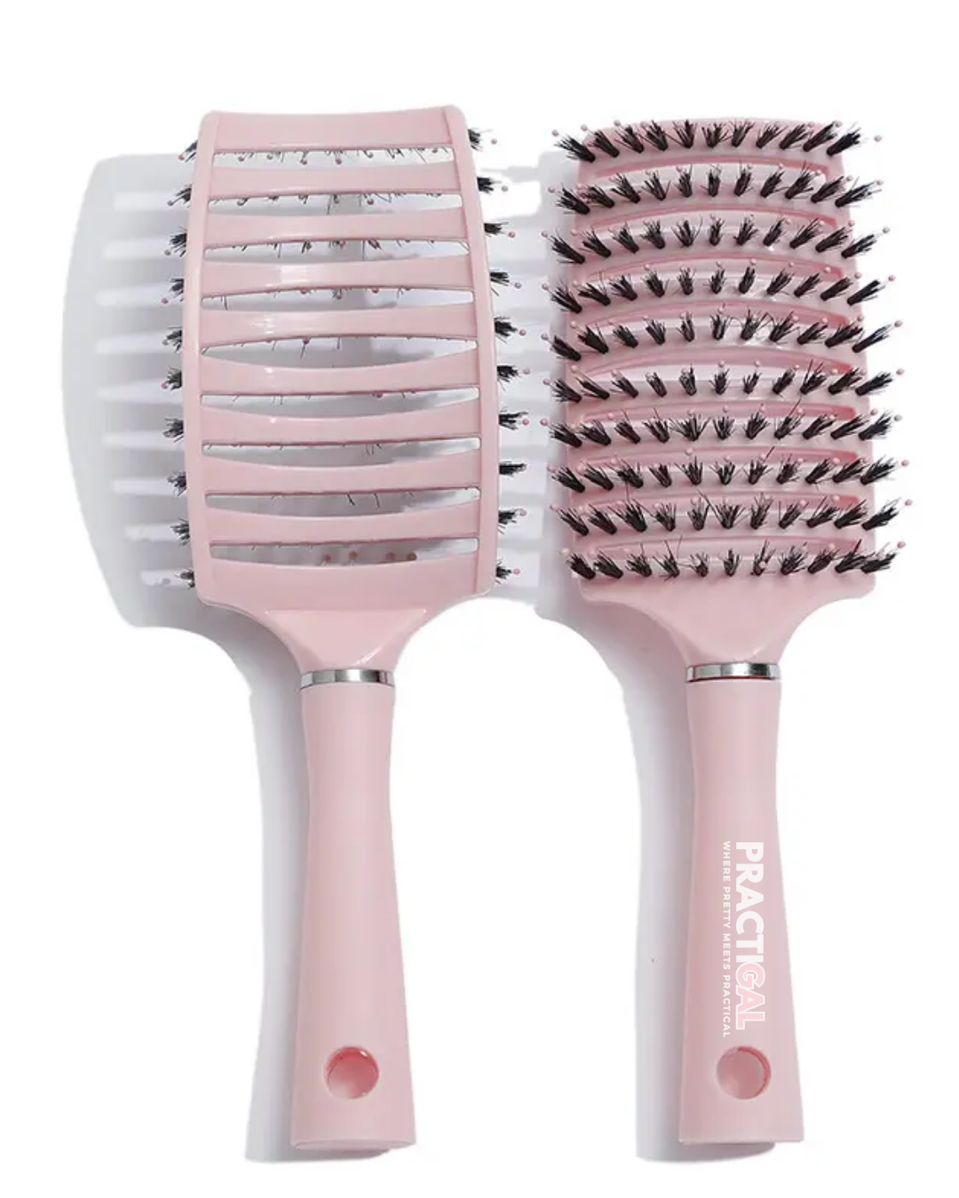 back and front of practigal tangle tamer detangling hair brush nz in pink
