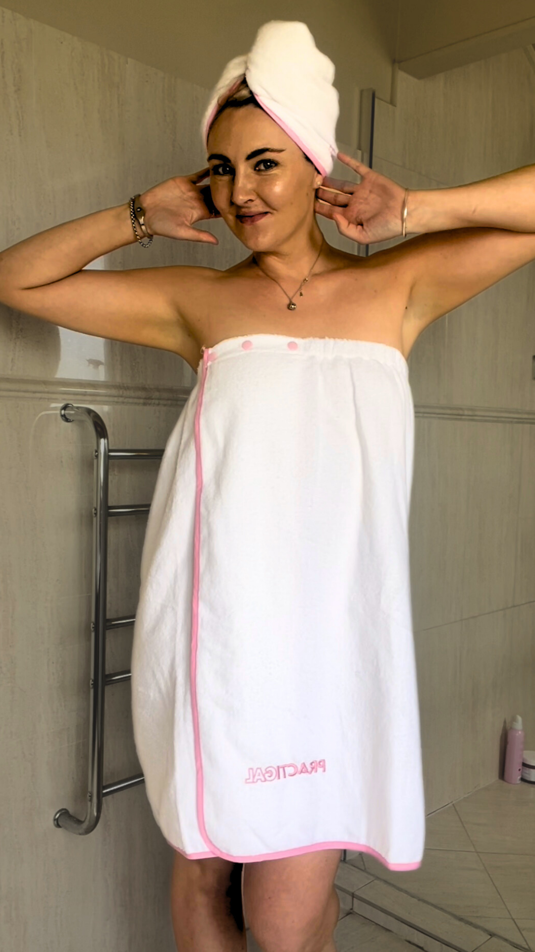 practigal towel dress. christina thompson wearing practigals towel dress